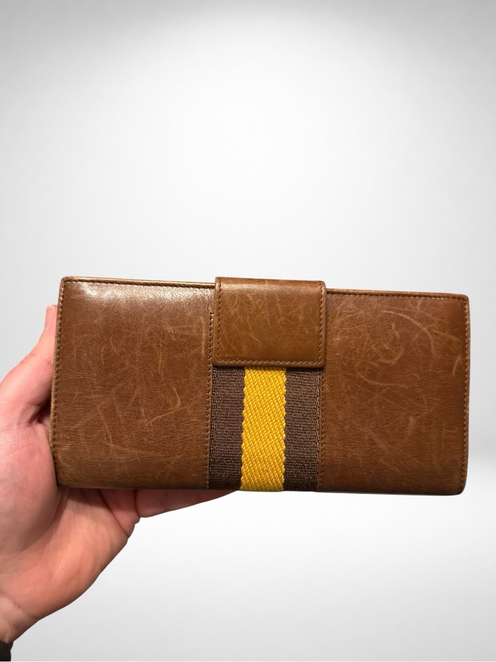 Gucci Vintage Authentic Brown Leather Web Stripe Wallet Chain Crossbody Clutch - Picture 7 of 16